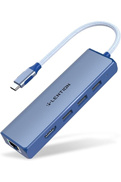 LENTION USB C Hub with Gigabit Ethernet Adapter, 4K HDMI, 3x USB 3.0 (CB-C25, Blue)