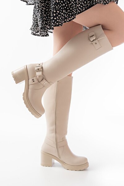 Zerenyus Zri̇n-3005 Premium Beige Women's Heeled Boots with Buckle Accessories and Zipper