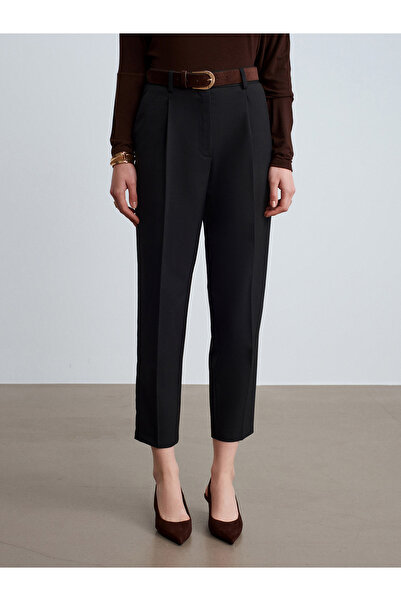 Dilvin 72193 Suede Belted Fabric Trousers-Black