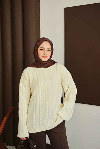 LOCCO Women's Knitted Patterned Knitwear Tunic Ecru