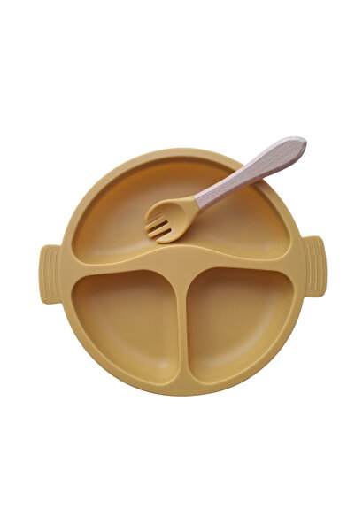 NO BRAND Food-grade silicone baby set, 3 pieces - plate, fork and cup with straw - Mustard yellow