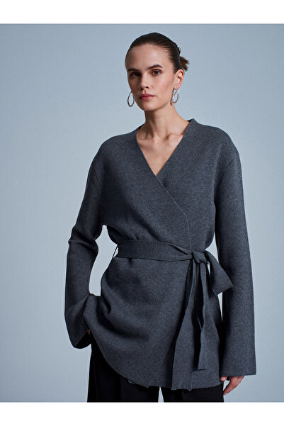 Dilvin 61002 Double-Breasted Belted Wool Blend Knit Cardigan-Smoked M.