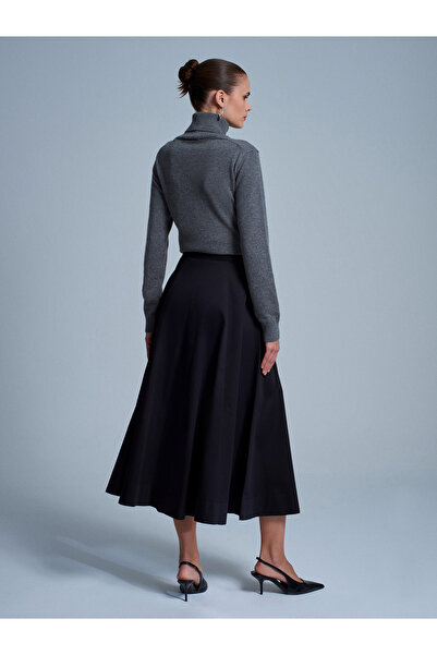 Dilvin 81070 100% Cotton Elastic Waist Midi Skirt-Black