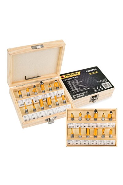 Powermat Set 12 freze lemn profesionale pentru freza, oberfreza prindere 8 mm,