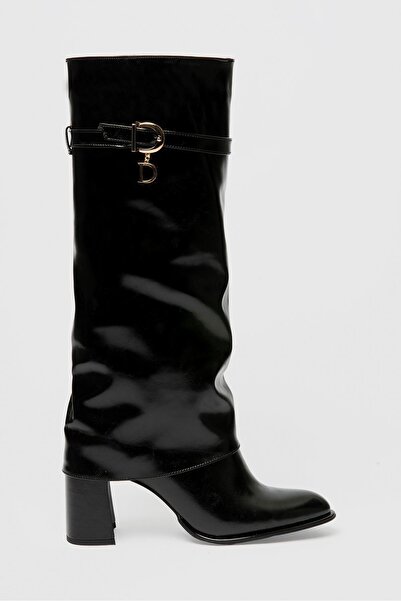 Mubiano Women's Leather Boots Heeled Gold Buckle Black Diona