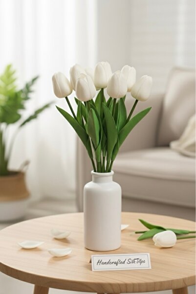 BOTE CONCEPT 3-Piece Realistic Looking White Artificial Tulip – Decorative Flower Bouquet