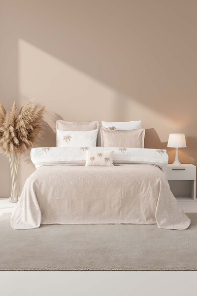 Rivaİstanbul Palmiye Mink Embroidered Double Duvet Cover Set - 8 Piece Dowry Set