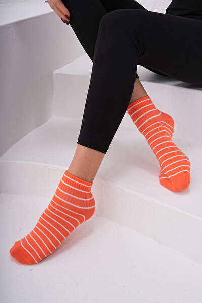 The huez 3-Piece Line Patterned Cotton Women's Socks, Breathable, Anti-Sweat Soft Booties Socks (Orange)
