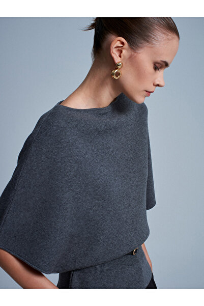 Dilvin 10838 Pulover cu decolteu barcă cu centură din amestec de lână - afumat M.