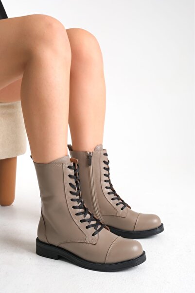 ERNİLA Lara Genuine Leather Mink Lace-Up Women's Boots