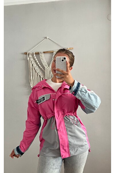 Veto Jeans Kot Detaylı ve Büzdürmeli Pembe Yağmurluk ve Kot Ceket