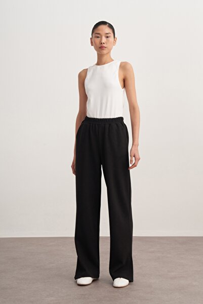 EBU Prive Women's Interlock Side Y Slit P Palazzo Pants Black