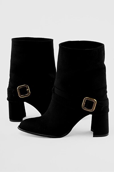 Mubiano Women's Suede Boots Gold Buckle Heeled Black Silva