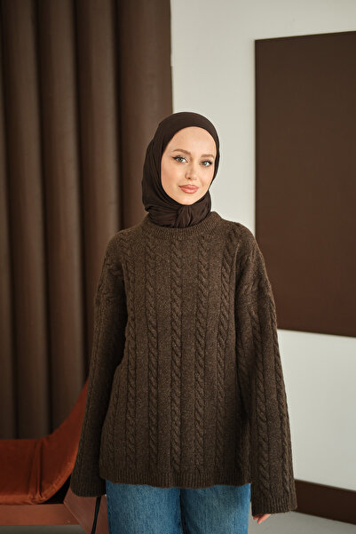 LOCCO Γυναικείο πλεκτό μοτίβο πλεκτό τούνικ καφέ