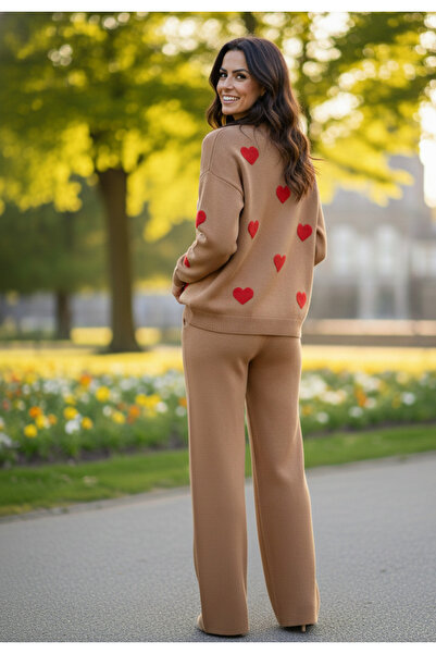 YusGos Women's Long Sleeve Heart Pattern Crew Neck Knitwear Sweater Pants Set