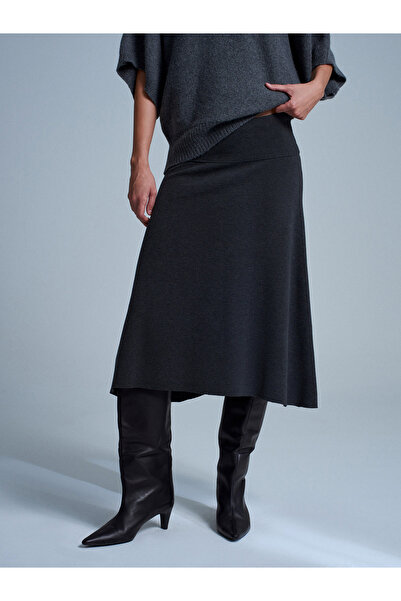 Dilvin 80390 Elastic Waist Knitted Midi Skirt - Anthracite M