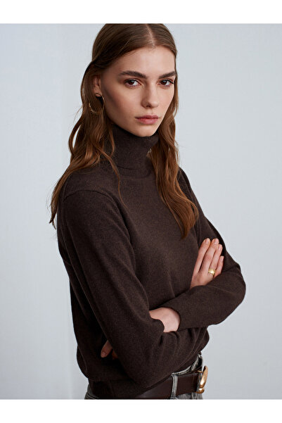 Dilvin 10848 100% Cashmere Turtleneck Sweater-Brown M.