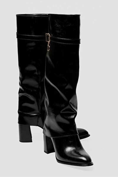 Mubiano Women's Leather Boots Heeled Gold Buckle Black Diona