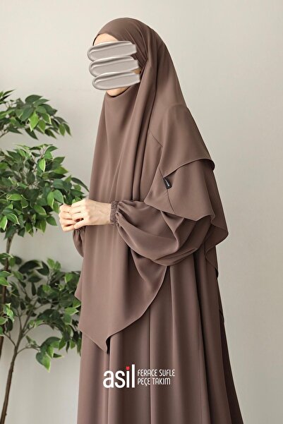 ASİLNUR Asil Ferace Sufle Peçe Takım Sütlü Kahve