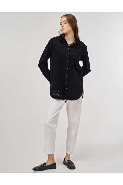 Kayra Chain Detailed Velvet Tunic Black 21058