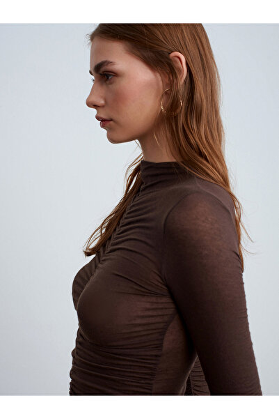 Dilvin 32333 Μπλούζα με κορδόνια από κασμίρ-καφέ