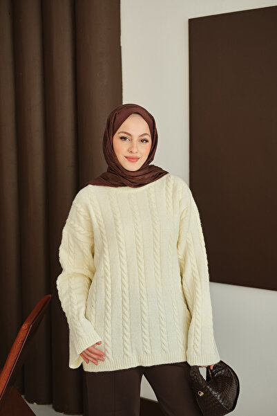 LOCCO Women's Knitted Patterned Knitwear Tunic Ecru