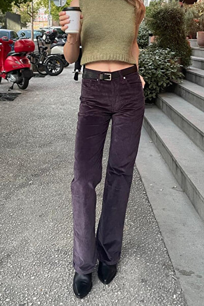 Denim Trip Bootcut Fit Yüksek Bel Mürdüm Mor Kadın Kadife Pantolon