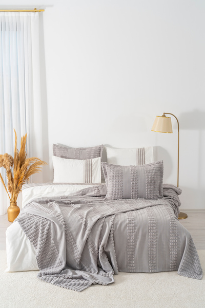Rivaİstanbul Maisa Gray Embroidered Double Duvet Cover Set - 7 Piece Dowry Set