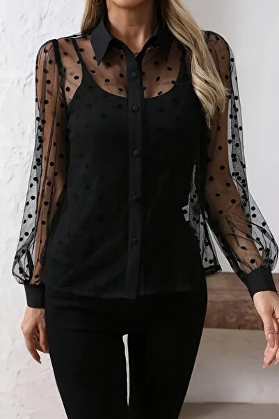 Mossta Transparent Tulle Detailed Viscose Undershirt Double Set - Black