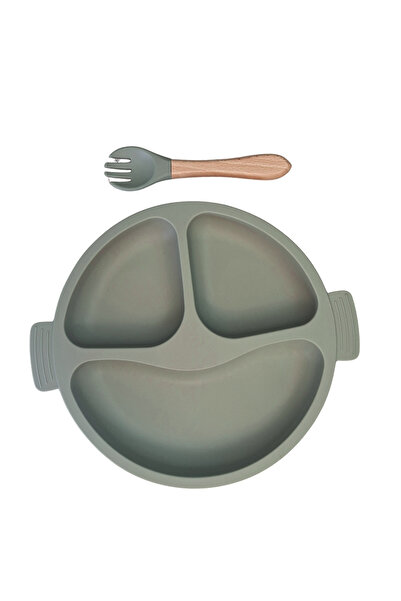NO BRAND Food-grade silicone baby set, 3 pieces - plate, fork and cup with straw - Olive green