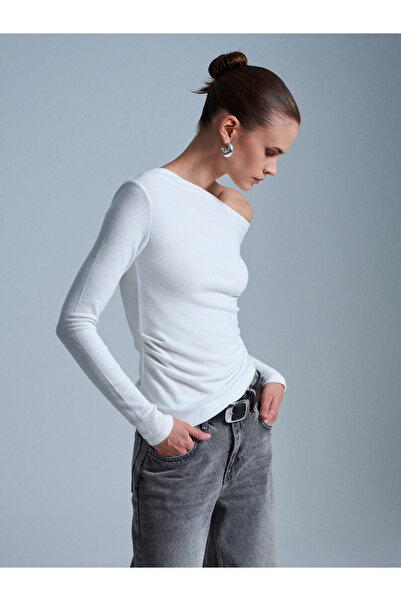 Dilvin 32197 Asimetric cu umăr dezactivat croială Top-Ecru
