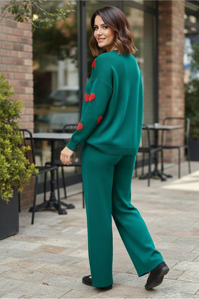 YusGos Women's Long Sleeve Heart Pattern Crew Neck Knitwear Sweater Pants Set