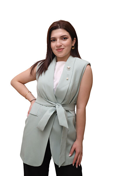 modahira Moda Hira Kadın Su Yeşili Belden Bağlamalı Kuşaklı Kumaş Yelek