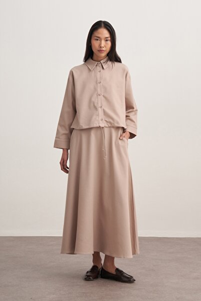 EBU Prive Women's Gabardine Shirt and Flared Skirt Set Beige