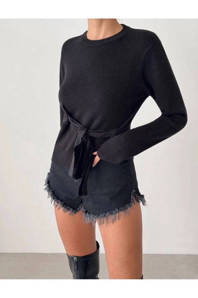 My Blog Black Miusa Front Tie Design Sweater-4507