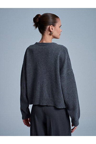 Dilvin 60999 Wool Blend Pocket Detailed Knitwear Cardigan-Smoked