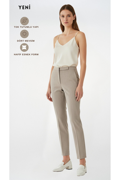FARREN Kadın Bej Yüksek Bel Dar Paça Pantolon Prime Fit | Minimal Silüet | Es...
