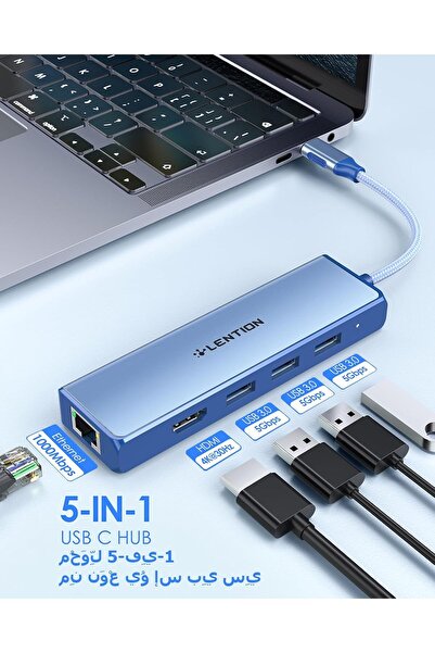 LENTION USB C Hub with Gigabit Ethernet Adapter, 4K HDMI, 3x USB 3.0 (CB-C25, Blue)