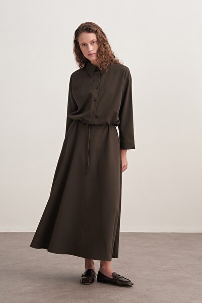 EBU Prive Women's Gabardine Shirt and Flared Skirt Set Dark Khaki