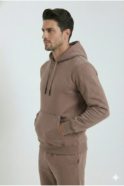 OXVİN Φούτερ με κουκούλα καφέ Kangaroo (με βαμβακερή επένδυση)