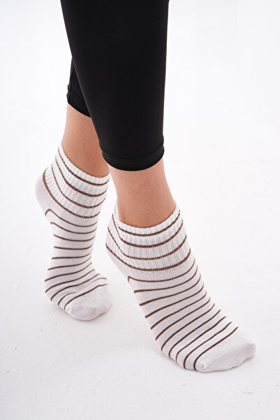 The huez 3-Piece Line Patterned Cotton Women's Socks, Breathable, Anti-Sweat Soft Booties Socks (Cream)