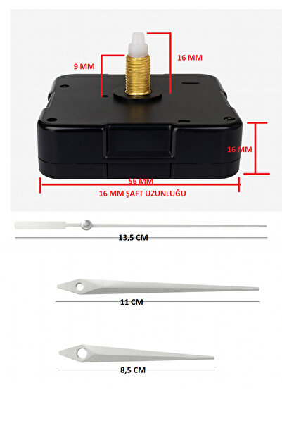 EXİZ TİCARET Akar Sessiz Duvar Saati Mekanizması 16 mm Askısız-akrep-yelkovan...