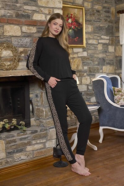 Aqua 26281 Black Leopard Detailed Thermal Home Wear Pajama Set