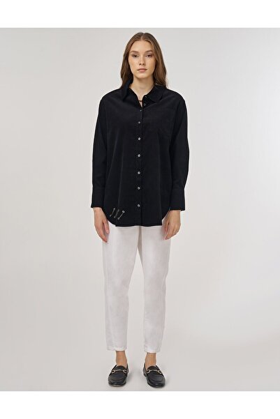 Kayra Chain Detailed Velvet Tunic Black 21058