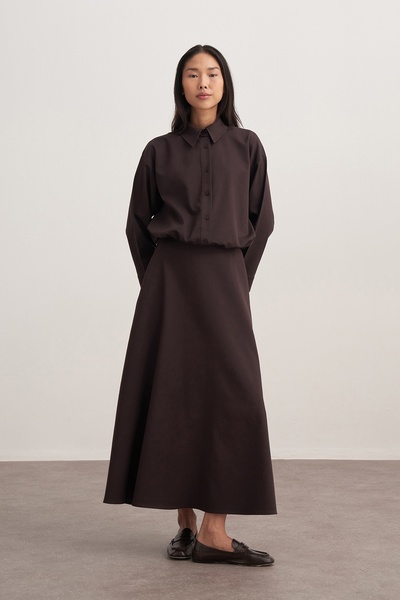 EBU Prive Women's Gabardine Shirt and Flared Skirt Set - Brown