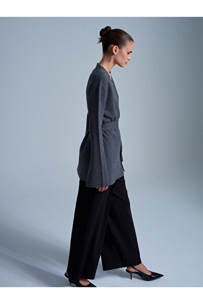 Dilvin 61002 Double-Breasted Belted Wool Blend Knit Cardigan-Smoked M.