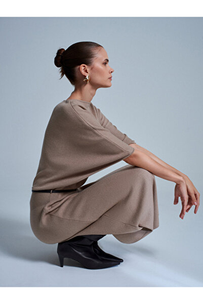 Dilvin 90266 Wool Blend Boat Neck Belted Knit Dress - Mink M.