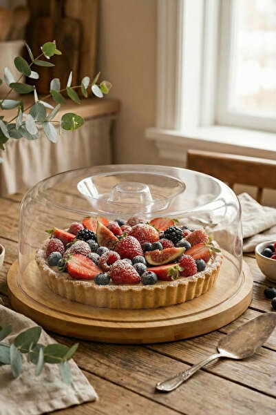 Fhilli Lunin Bamboo Base Transparent Cover Cake Stand Pastry Display and Storage Container Large