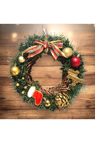 Home El Yapımı Yılbaşı Kapı Süsü 26x26 cm – Çam Kozalaklı, Süslemeli, Dekoratif Noel Çelengi