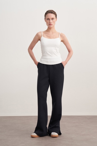 EBU Prive Women's Interlock Side Y Slit P Palazzo Pants Navy Blue